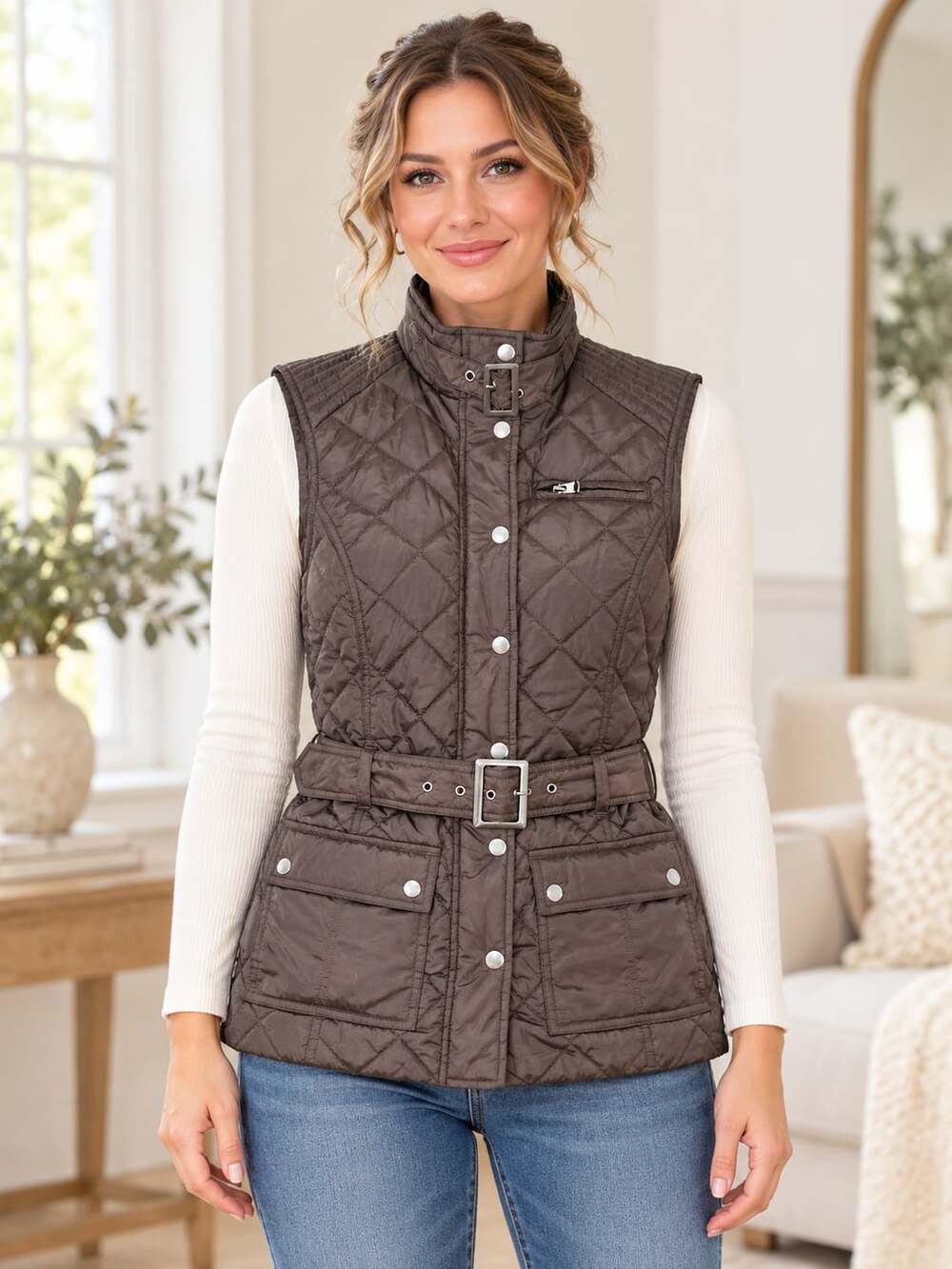 Banana Republic Quilted Puffer Vest Brown Belted Snap Front Women’s XS